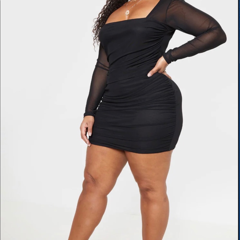 Black Mesh Square Neck Rushed Bodycon Dress